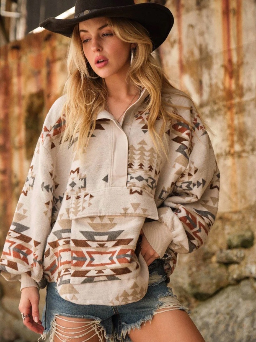 BLUE B Aztec Jacquard Mock Neck Pullover Sweater in Tan/Multi Women's Size L